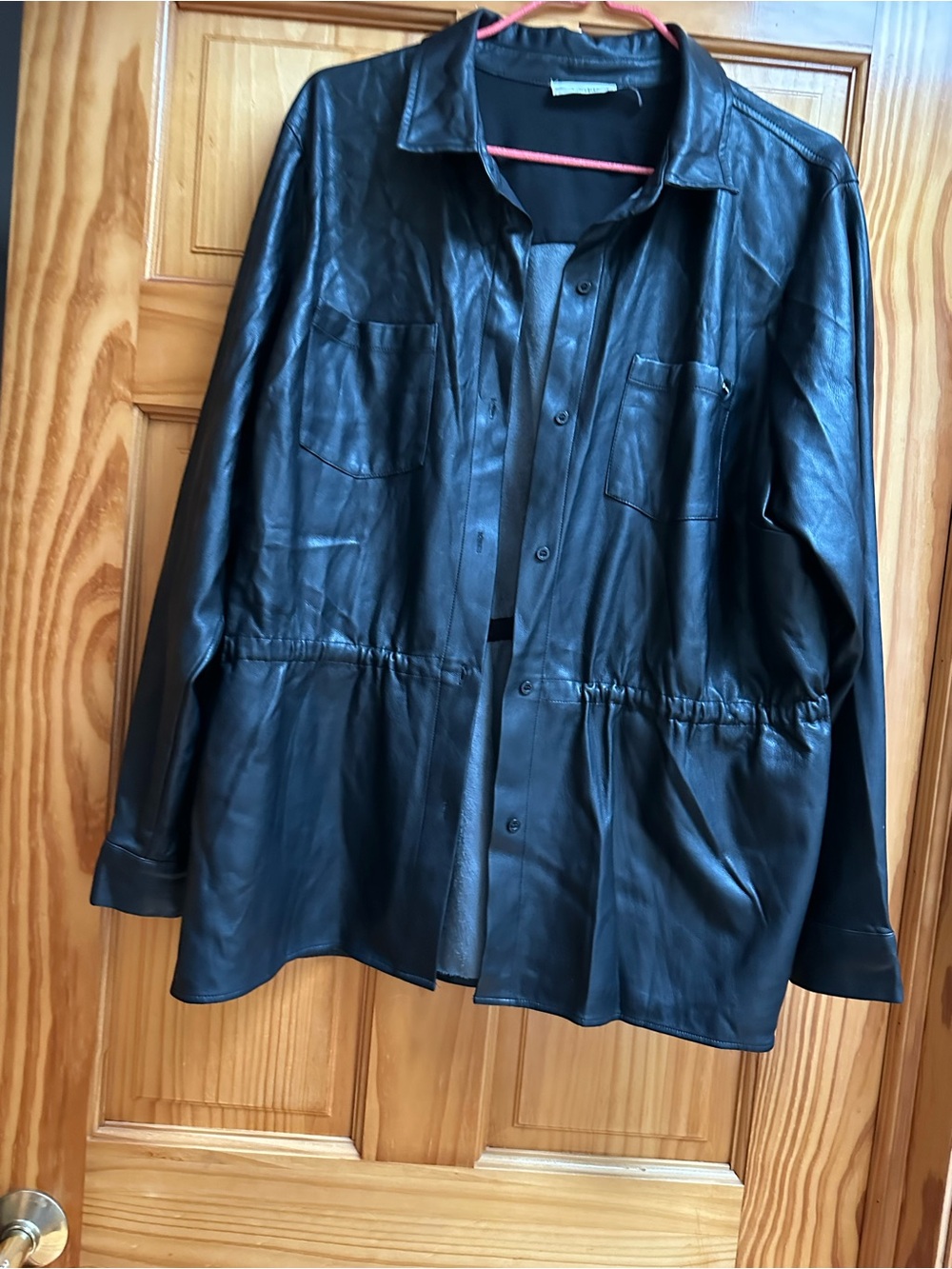 Calvin Klein Black Faux Leather Drawstring Waist Jacket
